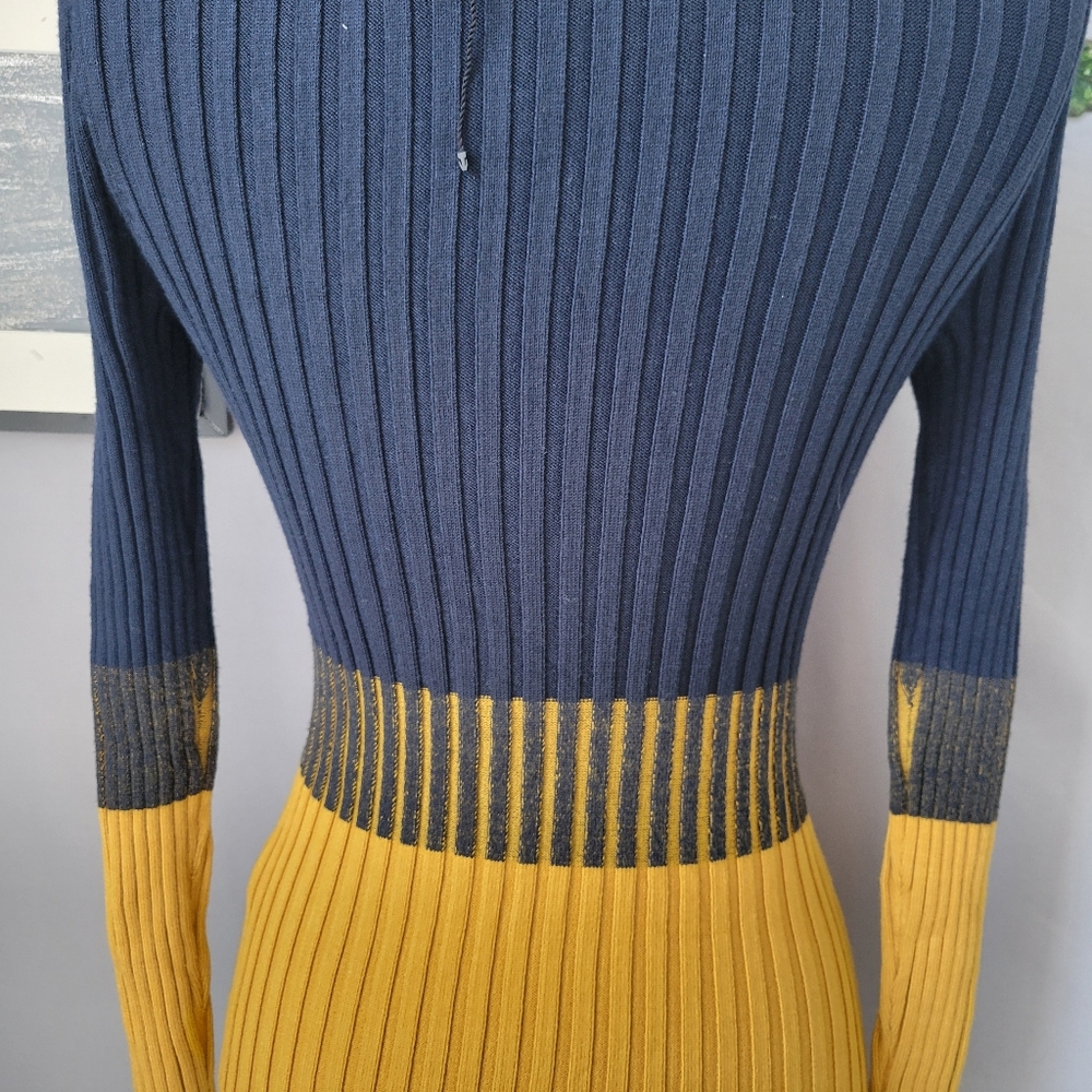 Karen Millen Ribbed Knit Color Block Sweater Top Blue Mustard S - Picture 8 of 12